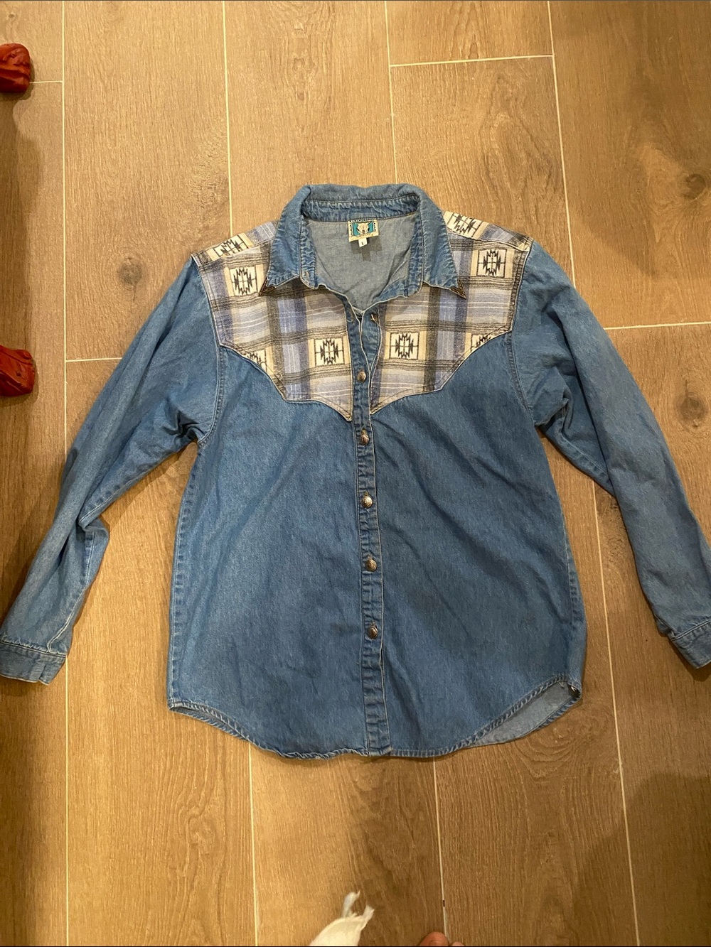 Kids' Denim Western Button-Front Shirt with Plaid Yoke - Blue